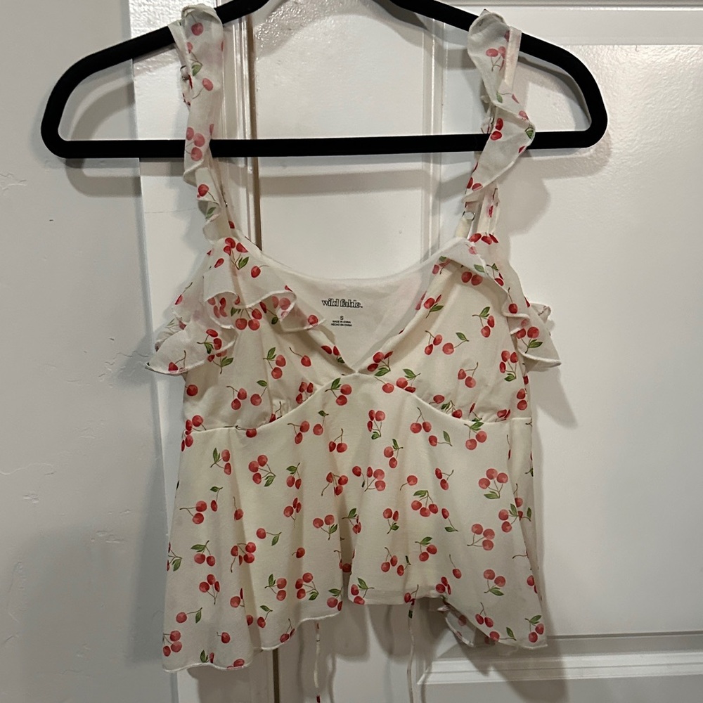 Wild Fable White Ruffled Cherry Print Top